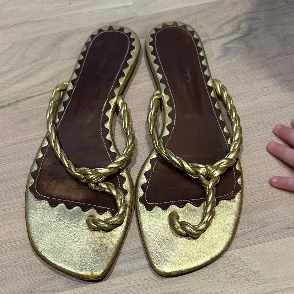 Manolo Blahnik gold braided thong sandals